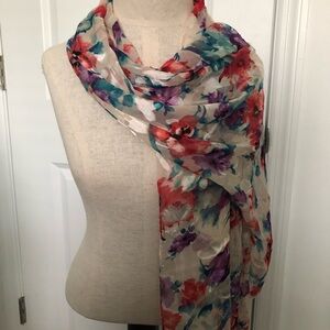 Vintage Floral Lightweight Silk Scarf - Multicolor with Velvet Accents